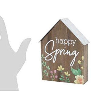 'Happy Spring' House Shaped Wood Block Sign with Flowers - Floral Easter Home Decor for Table Desk or Shelf