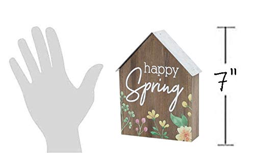 'Happy Spring' House Shaped Wood Block Sign with Flowers - Floral Easter Home Decor for Table Desk or Shelf