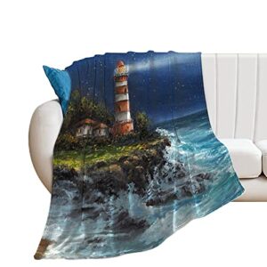 lighthouse blanket lighthouse on beach seaside at starry night fleece throw blankets, super soft lighthouse decor winter warm sofa bed blanket, lighthouse gifts for women men adults kids, 50″x40″