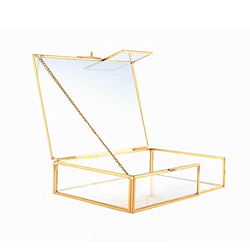 Feyarl Gold Clear Glass Photo Mail Letter Box Bill Greeting Cards Keepsake Jewelry Trinket Shadow Organizer Collection Display Case Decorative Box with Lid for Home Deco Office Table