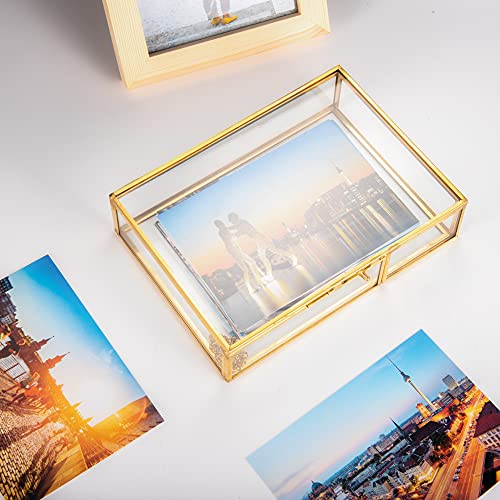 Feyarl Gold Clear Glass Photo Mail Letter Box Bill Greeting Cards Keepsake Jewelry Trinket Shadow Organizer Collection Display Case Decorative Box with Lid for Home Deco Office Table