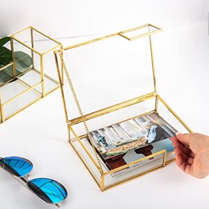 Feyarl Gold Clear Glass Photo Mail Letter Box Bill Greeting Cards Keepsake Jewelry Trinket Shadow Organizer Collection Display Case Decorative Box with Lid for Home Deco Office Table