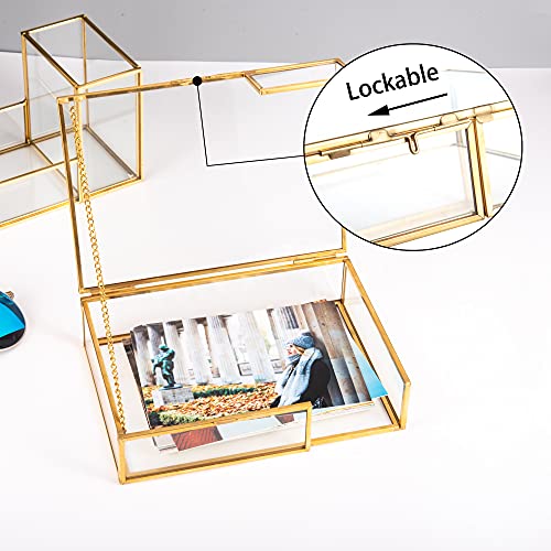 Feyarl Gold Clear Glass Photo Mail Letter Box Bill Greeting Cards Keepsake Jewelry Trinket Shadow Organizer Collection Display Case Decorative Box with Lid for Home Deco Office Table