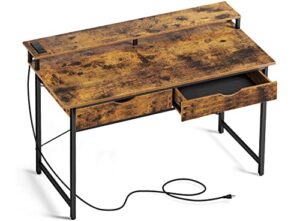 rolanstar computer desk with 2 drawers and power outlet, 47″ home office writing desk with monitor stand, workstation table with stable metal frame, rustic brown