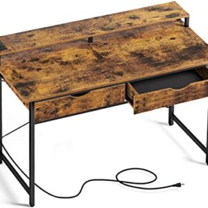 Rolanstar Computer Desk with 2 Drawers and Power Outlet, 47" Home Office Writing Desk with Monitor Stand, Workstation Table with Stable Metal Frame, Rustic Brown