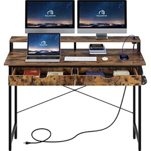 Rolanstar Computer Desk with 2 Drawers and Power Outlet, 47" Home Office Writing Desk with Monitor Stand, Workstation Table with Stable Metal Frame, Rustic Brown