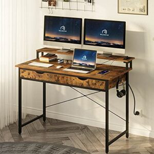 Rolanstar Computer Desk with 2 Drawers and Power Outlet, 47" Home Office Writing Desk with Monitor Stand, Workstation Table with Stable Metal Frame, Rustic Brown