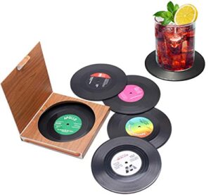 set of 6 cute retro vinyl coasters – funny record decoration disk furniture – creative drinks equipment music ideas for bar, home, restaurant, apartment, room – mini decor drink cup stuff holder tool