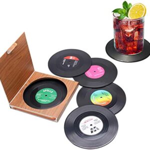 Set of 6 Cute Retro Vinyl Coasters - Funny Record Decoration Disk Furniture - Creative Drinks Equipment Music Ideas for Bar, Home, Restaurant, Apartment, Room - Mini Decor Drink Cup Stuff Holder Tool