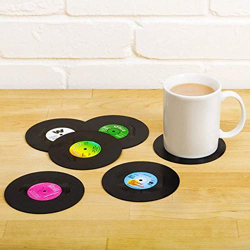 Set of 6 Cute Retro Vinyl Coasters - Funny Record Decoration Disk Furniture - Creative Drinks Equipment Music Ideas for Bar, Home, Restaurant, Apartment, Room - Mini Decor Drink Cup Stuff Holder Tool