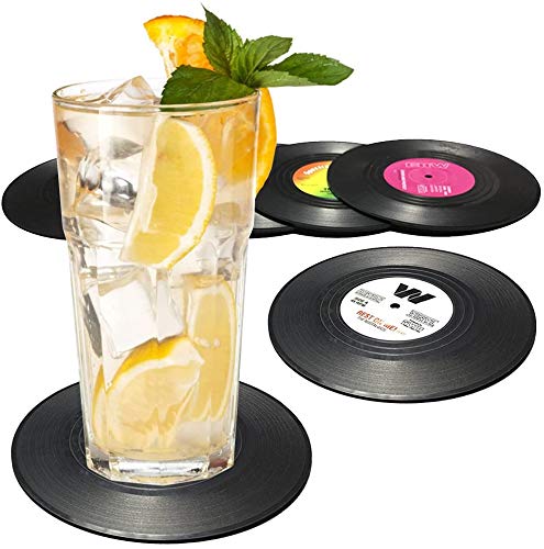 Set of 6 Cute Retro Vinyl Coasters - Funny Record Decoration Disk Furniture - Creative Drinks Equipment Music Ideas for Bar, Home, Restaurant, Apartment, Room - Mini Decor Drink Cup Stuff Holder Tool