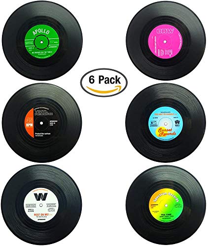 Set of 6 Cute Retro Vinyl Coasters - Funny Record Decoration Disk Furniture - Creative Drinks Equipment Music Ideas for Bar, Home, Restaurant, Apartment, Room - Mini Decor Drink Cup Stuff Holder Tool