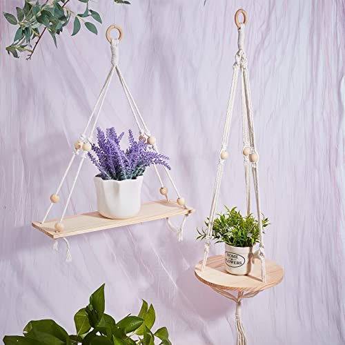 INFUNLY 2pcs Macrame Plant Hangers Indoor Wood Plant Shelf Hanging Boho Flower Planter Basket with Tassel for Bedroom Living Room Bathroom Indoor Outdoor