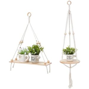 INFUNLY 2pcs Macrame Plant Hangers Indoor Wood Plant Shelf Hanging Boho Flower Planter Basket with Tassel for Bedroom Living Room Bathroom Indoor Outdoor