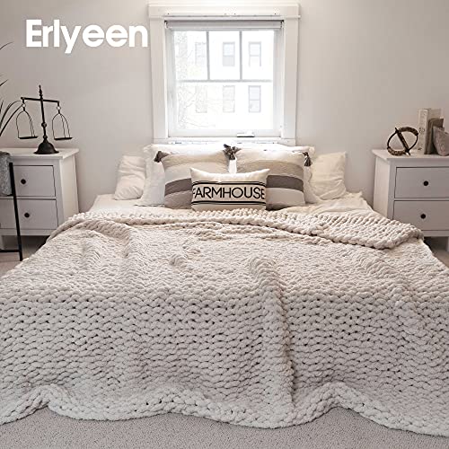 ERLYEEN Chunky Knit Blanket Throw Chenille Cable Handmade Chunky Knit Throw Blanket Warm Soft Cozy for Bed Chair Sofa Best Gift,Beige 40"x40"（Single Sofa）