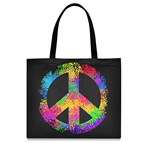 ZzWwR Stylish Color Hippie Peace Sign Large Shoulder Tote Bag Lightweight Durable Handbags for School Gym Beach Weekender Pool Travel Hiking Yoga Nurse