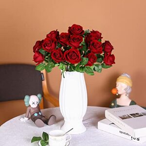 12 PCS Artificial Roses Flowers Silk Velvet Realistic Blossom Rose Long Stem Bouquets for Home Wedding Party Decoration(Burgundy)