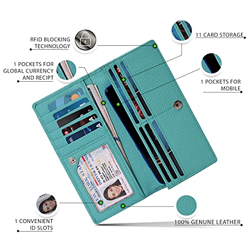 Leather Womens Wallet with Zipper Pocket, 11 Cardholders Wallets (Turquoise Blue)