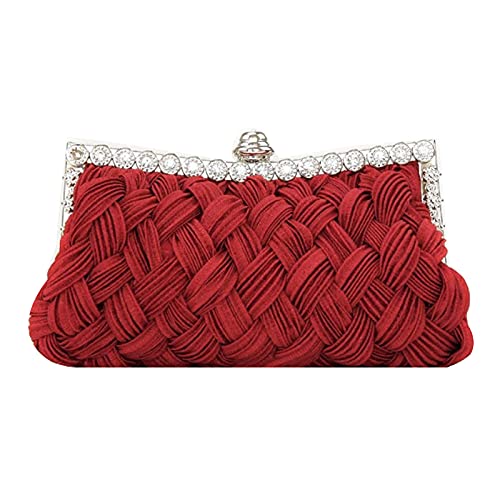 Felice Ann Glitter Rhinestone Woven Evening Clutch Party Handbag Chain Strap Crossbody Shoulder Bag, Woven Red