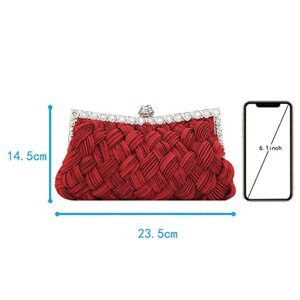 Felice Ann Glitter Rhinestone Woven Evening Clutch Party Handbag Chain Strap Crossbody Shoulder Bag, Woven Red