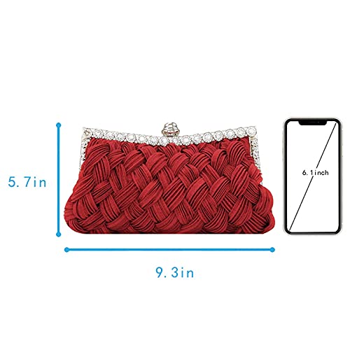 Felice Ann Glitter Rhinestone Woven Evening Clutch Party Handbag Chain Strap Crossbody Shoulder Bag, Woven Red