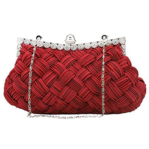 Felice Ann Glitter Rhinestone Woven Evening Clutch Party Handbag Chain Strap Crossbody Shoulder Bag, Woven Red