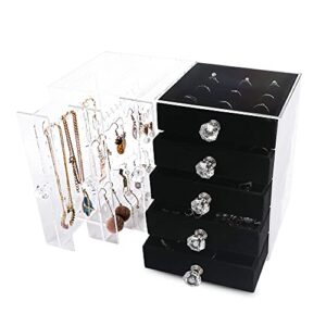 frebeauty acrylic jewelry box clear earring organizer storage boxes,necklace hanging with 5 removable velvet drawers large jewelry display case for stud rings bracelets for gift,(black)