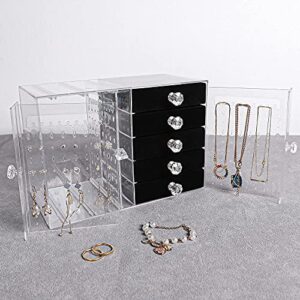 Frebeauty Acrylic Jewelry Box Clear Earring Organizer Storage Boxes,Necklace Hanging with 5 Removable Velvet Drawers Large Jewelry Display Case for Stud Rings Bracelets for Gift,(Black)