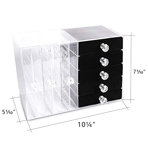 Frebeauty Acrylic Jewelry Box Clear Earring Organizer Storage Boxes,Necklace Hanging with 5 Removable Velvet Drawers Large Jewelry Display Case for Stud Rings Bracelets for Gift,(Black)
