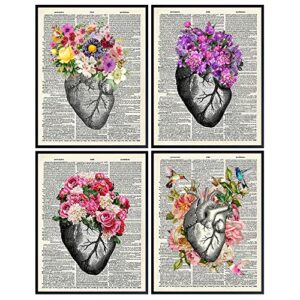 heart anatomy wall art decor set – vintage rustic shabby chic floral home decorations for cardiac, coronary, cardiology patients, medical office – gift for doctor, nurse cardiologist – 8×10’s unframed