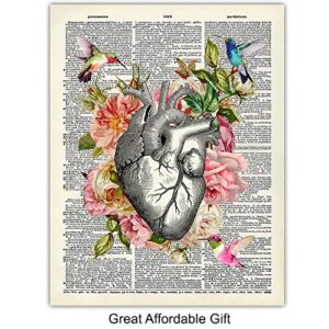Heart Anatomy Wall Art Decor Set - Vintage Rustic Shabby Chic Floral Home Decorations for Cardiac, Coronary, Cardiology Patients, Medical Office - Gift for Doctor, Nurse Cardiologist - 8x10's UNFRAMED