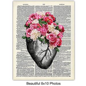 Heart Anatomy Wall Art Decor Set - Vintage Rustic Shabby Chic Floral Home Decorations for Cardiac, Coronary, Cardiology Patients, Medical Office - Gift for Doctor, Nurse Cardiologist - 8x10's UNFRAMED