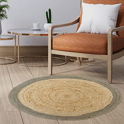 Chardin home Jute Braided Boho Round Rug Natural Jute with Grey Border | 3 feet Round Farmhouse Jute Area Rug | Artisnal Bohemian Handcrafted Home Décor