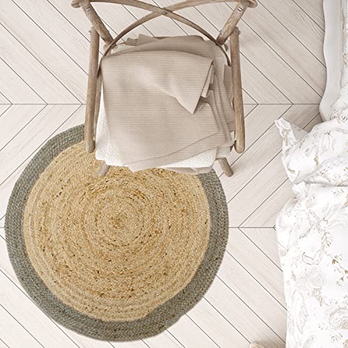 Chardin home Jute Braided Boho Round Rug Natural Jute with Grey Border | 3 feet Round Farmhouse Jute Area Rug | Artisnal Bohemian Handcrafted Home Décor