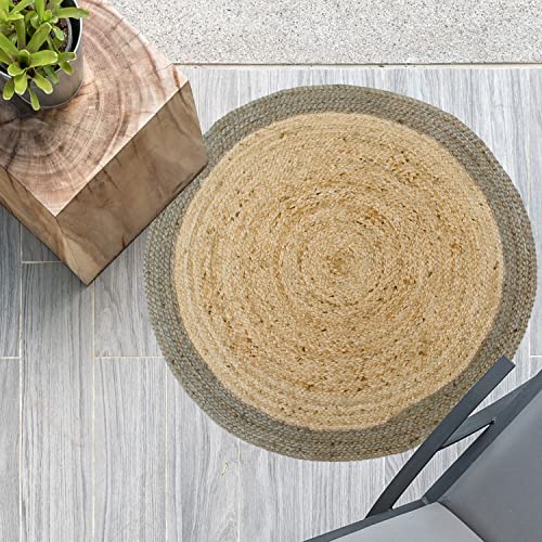 Chardin home Jute Braided Boho Round Rug Natural Jute with Grey Border | 3 feet Round Farmhouse Jute Area Rug | Artisnal Bohemian Handcrafted Home Décor