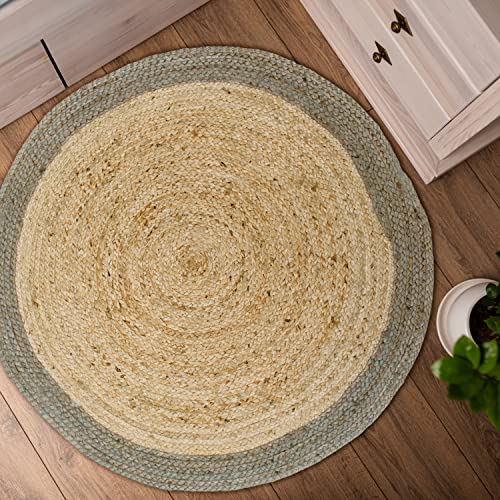 Chardin home Jute Braided Boho Round Rug Natural Jute with Grey Border | 3 feet Round Farmhouse Jute Area Rug | Artisnal Bohemian Handcrafted Home Décor