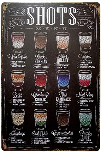 Eveokoki Shots Menu Retro Vintage Metal Tin Sign Poster Wall Art Pub Bar Decor 12 x 16 inches