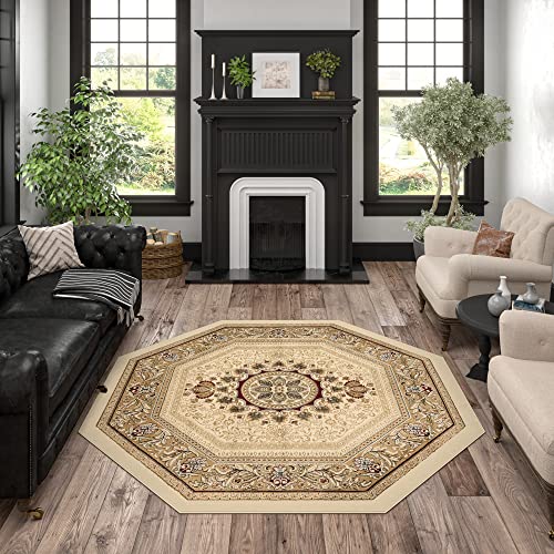 Jayden Ivory 6ft Octagon Area Rug - Indoor Area Rugs for Living Room - Dining Room Rug - Bedroom Rug - Kitchen Rug - Indoor Entryway Rug Traditional Carpet - Alfombras para Salas