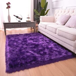 amearea soft fluffy plush faux fur rug, 3 x 5, modern shaggy fuzzy purple rugs for bedroom, living room, dorm nursery decor, furry plush sofa faux sheepskin carpet, purple