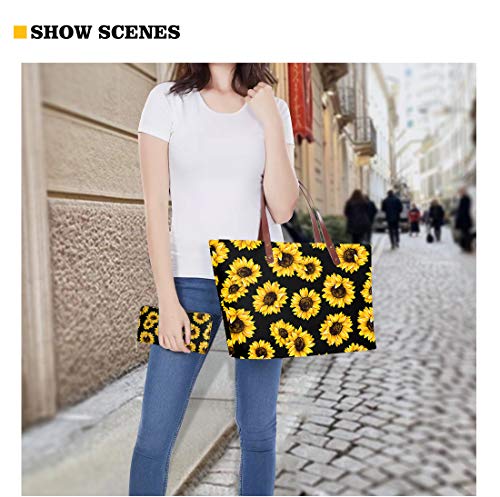 JEOCODY Sunflowers with American Flag Print Womens Handbag Shoulder Bag Tote Purse Top Handle Bag and Long Wallet Set of 2 for Lady Girls