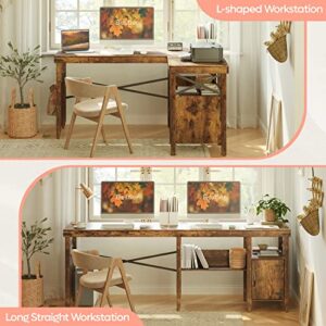 Bestier L-Shaped Home Office Computer Desk with Storage Cabinet & Bookshelf, Farmhouse Office Table for Writing Study, 60 x 42 Inch Corner Desk or 82.3 Inch 2 Person Long Desk, Rustic Brown