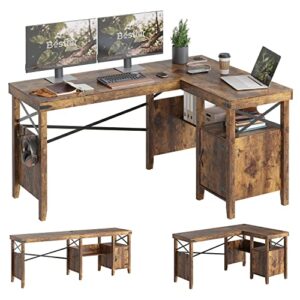 Bestier L-Shaped Home Office Computer Desk with Storage Cabinet & Bookshelf, Farmhouse Office Table for Writing Study, 60 x 42 Inch Corner Desk or 82.3 Inch 2 Person Long Desk, Rustic Brown