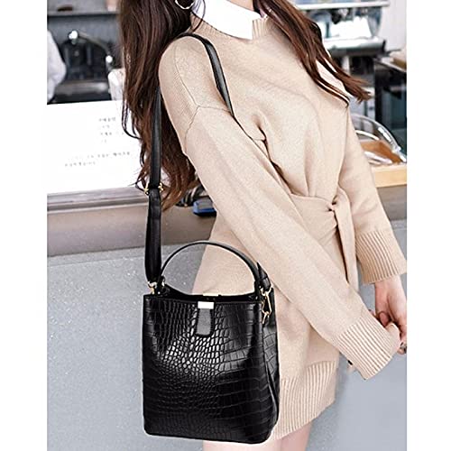 LABANCA Women Retro Alligator Bucket Bags Crocodile Pattern Designer Shoulder Bag Ladies PU Purse Crossbody Wallet Bag, Black