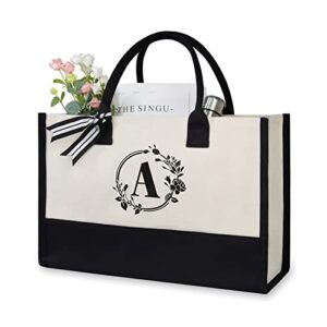 topdesign initial canvas tote bag, personalized present bag, suitable for wedding, birthday, beach, holiday, is a great gift for women, mom, teachers, friends, bridesmaids (letter a)