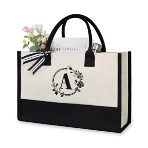 TOPDesign Initial Canvas Tote Bag, Personalized Present Bag, Suitable for Wedding, Birthday, Beach, Holiday, is a Great Gift for Women, Mom, Teachers, Friends, Bridesmaids (Letter A)