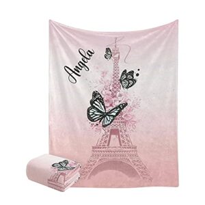butterfly and eiffel tower personalized name soft fleece bed blankets throws as birthday wedding gifts for sofa couch 50” x 60”