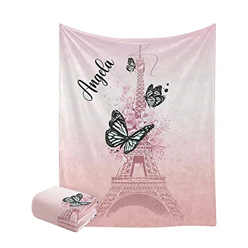 Butterfly and Eiffel Tower Personalized Name Soft Fleece Bed Blankets Throws as Birthday Wedding Gifts for Sofa Couch 50'' x 60''