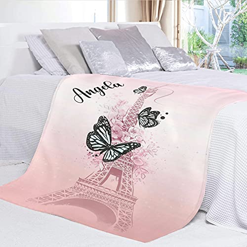 Butterfly and Eiffel Tower Personalized Name Soft Fleece Bed Blankets Throws as Birthday Wedding Gifts for Sofa Couch 50'' x 60''