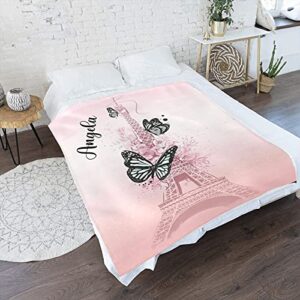 Butterfly and Eiffel Tower Personalized Name Soft Fleece Bed Blankets Throws as Birthday Wedding Gifts for Sofa Couch 50'' x 60''