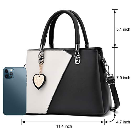 Womens Leather Handbags Purse Top-handle Bags Contrast Color Stitching Totes Satchel Shoulder Bag for Ladies Black